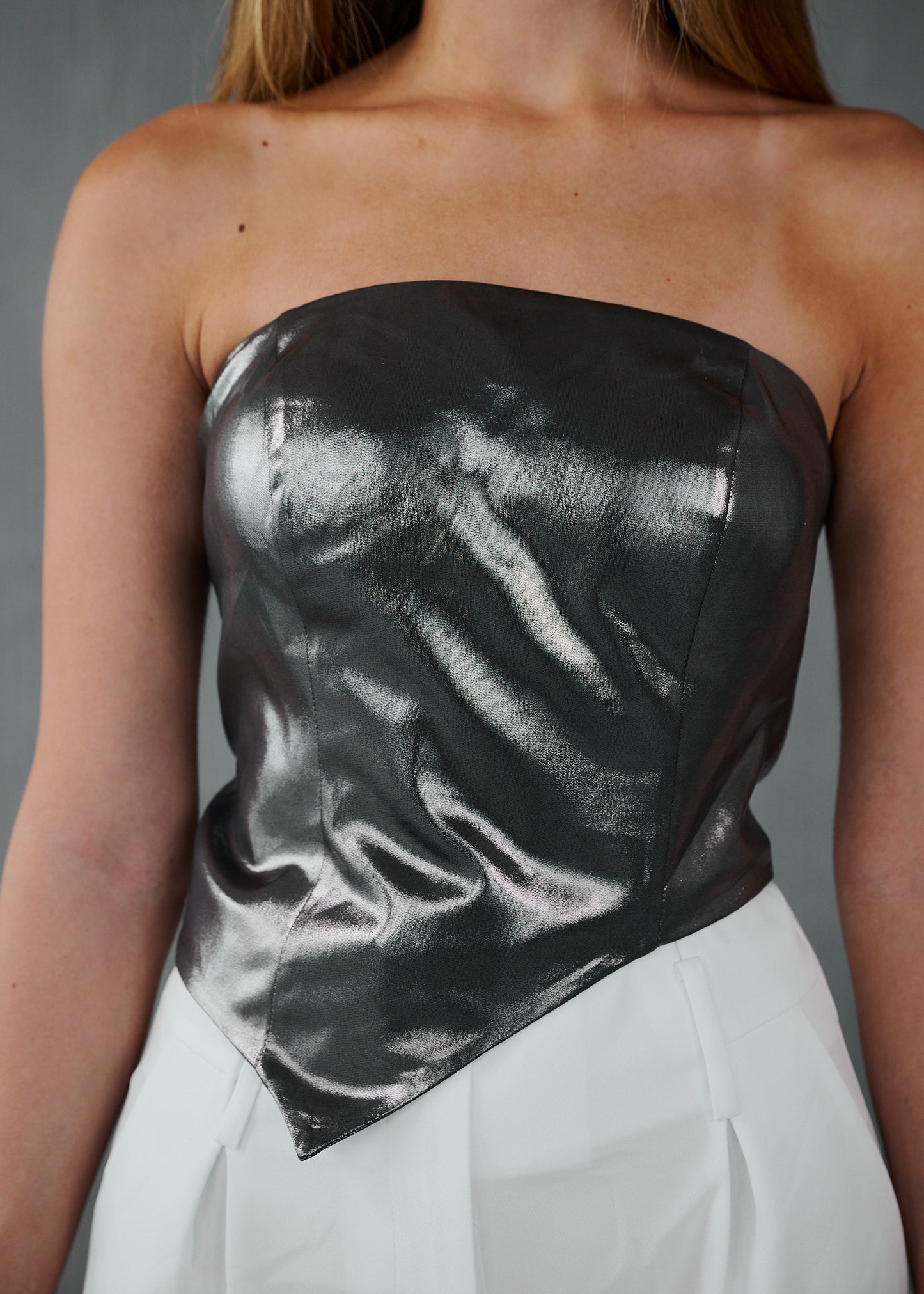 metallic strapless corset