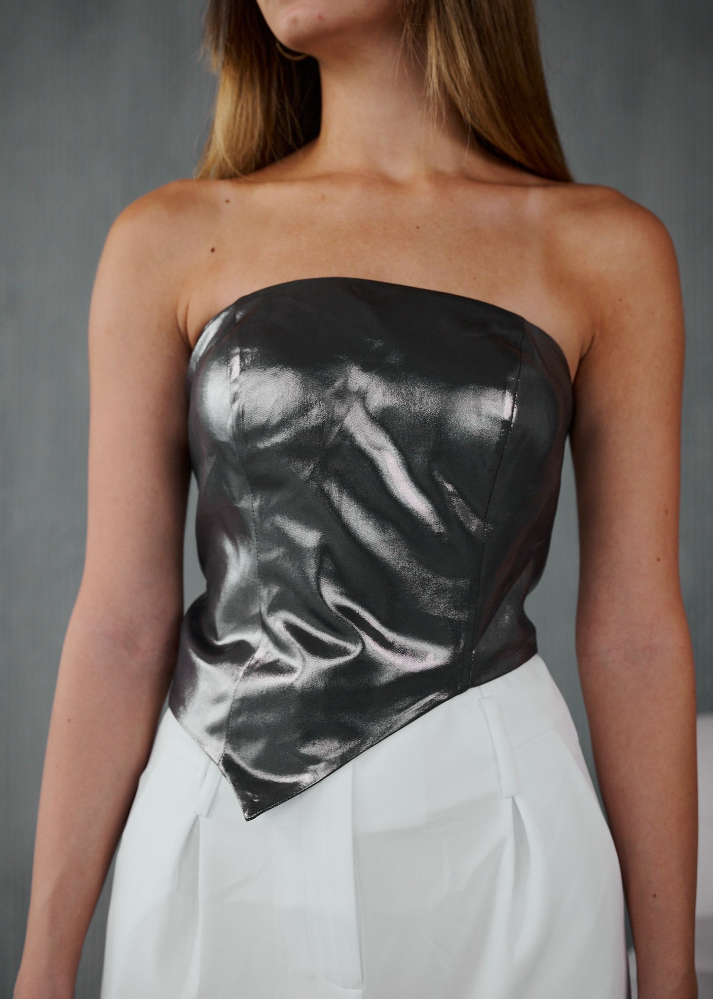 metallic strapless corset